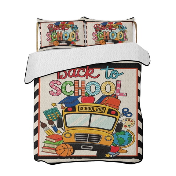 School Season Bus Quilts Bedding Set California King Cartoon Style Yellow Bus Basketball Book Black White Stripe Quilted Bedspread 3 Piece Bed Quilt with 2 Pillow Shams for Bedroom 96" x 106"