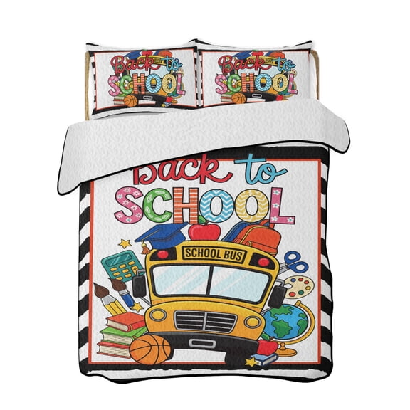 School Season Bus Quilts Bedding Set King Size Cartoon Style Yellow Bus Book Basketball Black White Stripe Lightweight Quilted Bedspread 3 Piece Bed Quilt with 2 Pillow Shams for Bedroom 90" x 96"