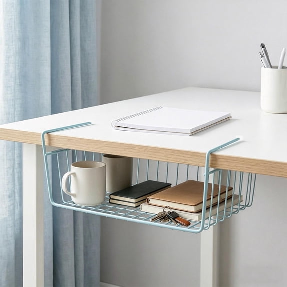 School Season Dorm Room Storage Basket, Under Shelf Hanging Organizer, Multi-Purpose Metal Storage Rack for Kitchen Bathroom Wardrobe Cabinet Blue