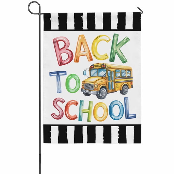 School Season Garden Flag 12 x 18 Inches, Watercolor Back To School Yellow Bus Black White Stripe Weather Proof Outdoor Patio Flags Double Sided Small Garden Decoration for Yard Outside Home