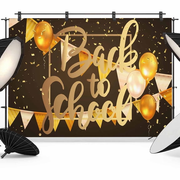 School Season Gold Ribbon Photography Backdrop 7x5FT, Modern Back To School Ribbon Balloon Flag Black Photo Backdrops, Background for Photography Studio, Back Drop for Photoshoot