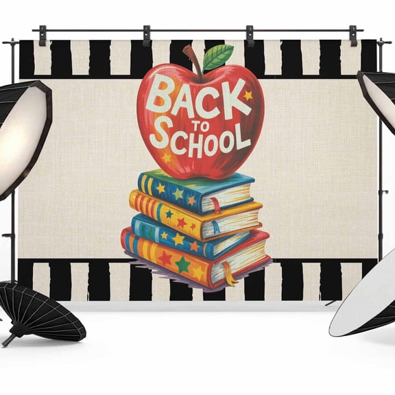 School Season Photography Backdrop 7x5FT, Watercolor Back To School Book Red Fruit Black White Stripe Linen Photo Backdrops, Background for Photography Studio, Back Drop for Photoshoot