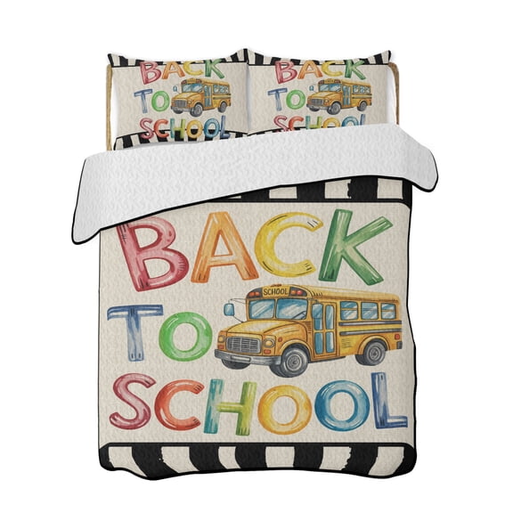School Season Quilts Bedding Set California King Watercolor Back To School Yellow Bus Black White Stripe Linen Quilted Bedspread 3 Piece Bed Quilt with 2 Pillow Shams for Bedroom 96" x 106"