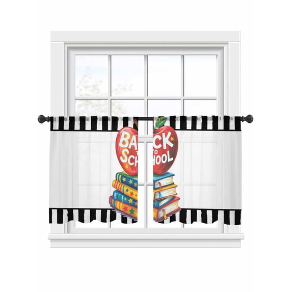 School Season Sheer Curtains 2 Panels Set Watercolor Back To School Book Red Fruit Black White Stripe Sheer Window Curtains Light Filtering Rod Pocket Voile Drapes for Bedroom Living Room 52"x54"