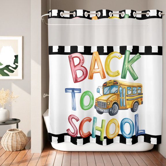 School Season Shower Curtain, Watercolor Back To School Yellow Bus Black White Stripe Waterproof No Hooks Bath Shower Curtain with See Through Top Window for Bathroom Bathtub 72x78in