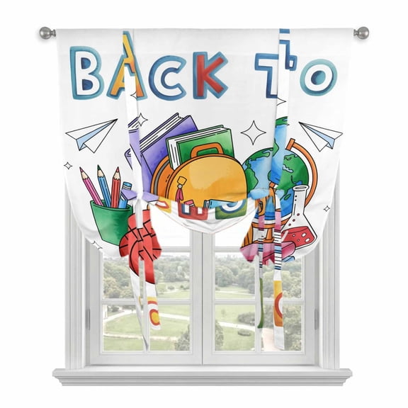 School Season Tie Up Curtain for Window, Cartoon Colorful Back To School Schoolbag Pencil Crayon Book Adjustable Tie Up Balloon Curtain Valances Window Treatment for Kitchen Bedroom 42"x45"
