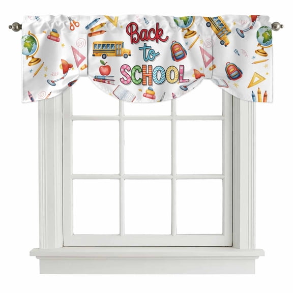School Season Tie Up Valance Curtains Watercolor Back To School Schoolbag Globe Crayon Book Truck Adjustable Light Filtering Tie Up Valance Small Window Shade for Kitchen Bedroom Cafe 42" W x 12" L