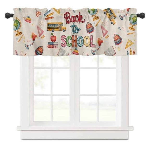 School Season Valances for Windows Style Crayon Globe Truck Linen Texture Rod Pocket Curtain Valance Window Treatment Short Curtains for Kitchen Living Room, 42"x12"