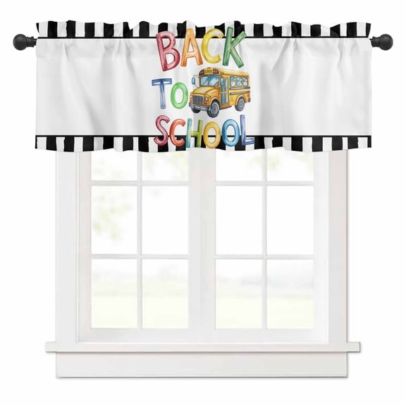 School Season Valances for Windows Truck Back To School Stripes Rod Pocket Curtain Valance Window Treatment Short Curtains for Kitchen Living Room, 42"x12"