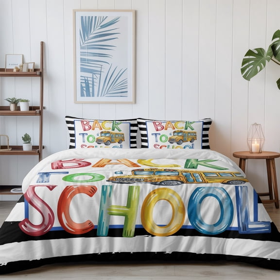 School Season Yellow Bus California King Size Bed Set,Black White Stripes Bedding for All Seasons,4 Pcs Bed Set with 1 Quiltcover (96"x104"),1 Sheet (110"x98"),2 Pillowcases (20"x36")