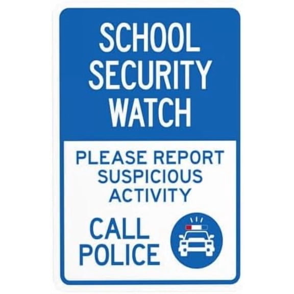 School Security Watch Call Police Please Report Suspicious Activity With Graphic Warning Sign, School Property Security Metal Signs for Busines Home Wall Caution Decor 8 x 12 Inch