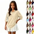 thumbnail image 1 of School Shirts for Girls Polo Shirt with Collared Short Sleeve Uniform Tops Summer Casual Kids Clothes Beige,3-4 Years, 1 of 7