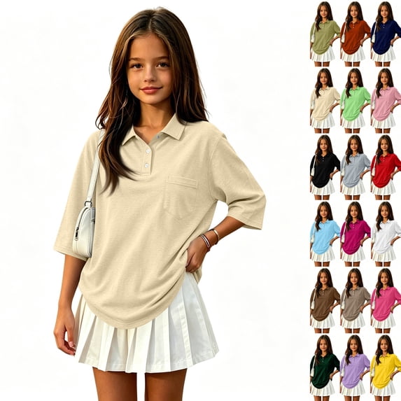 School Shirts for Girls Polo Shirt with Collared Short Sleeve Uniform Tops Summer Casual Kids Clothes Beige,3-4 Years