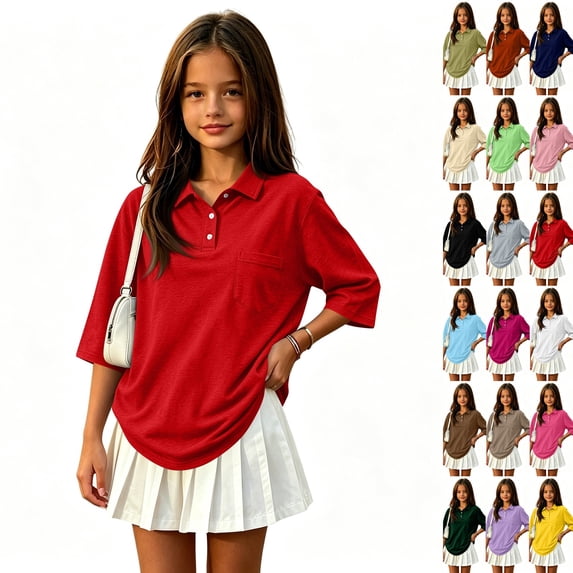 School Shirts for Girls Polo Shirt with Collared Short Sleeve Uniform Tops Summer Casual Kids Clothes Red,11-12 Years