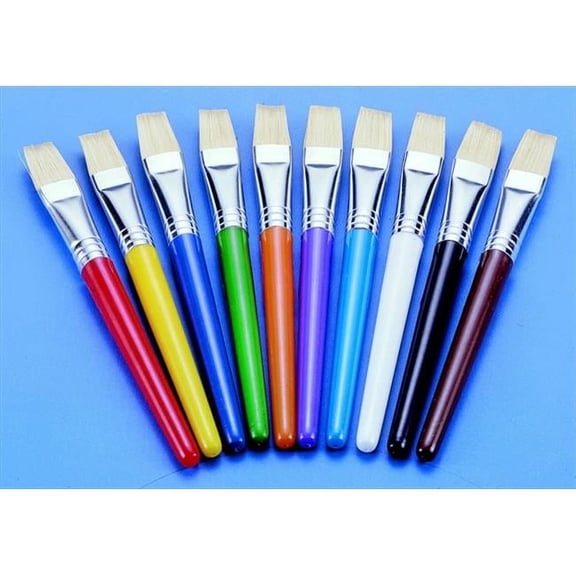 School Smart 085682 Flat Tip Stubby White Hog Bristle Wood Handle Easel Brush Set - 7 In. - Assorted Color, Set Of 10