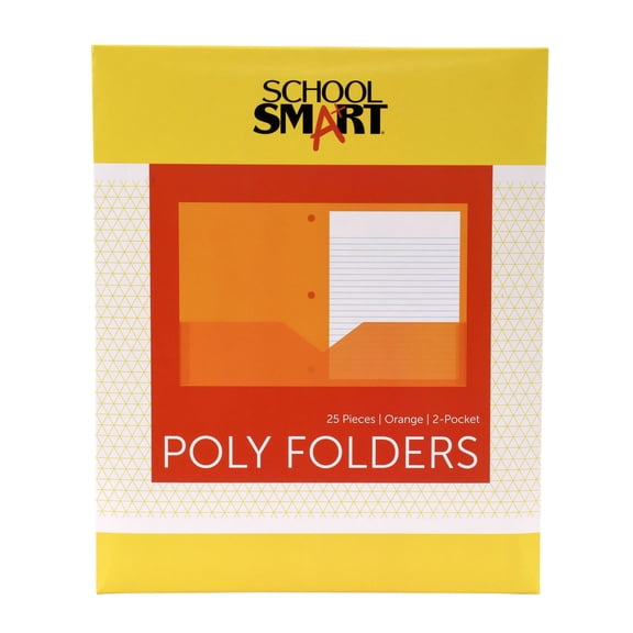 School Smart 2-Pocket Poly Folders with 3-Hole Punch, Orange, Pack of 25