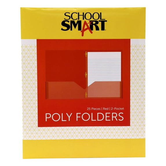 School Smart 2-Pocket Poly Folders with Fasteners, Red, pack of 25
