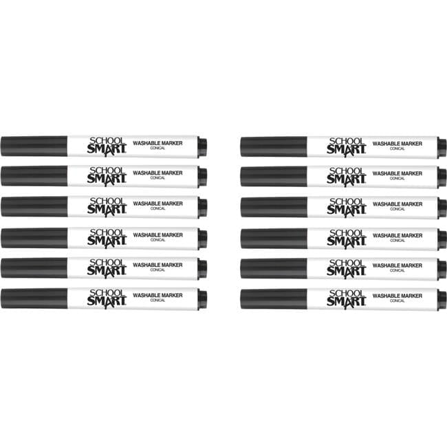 School Smart 2002980 Conical Tip Washable Art Markers, Black - Pack of 12