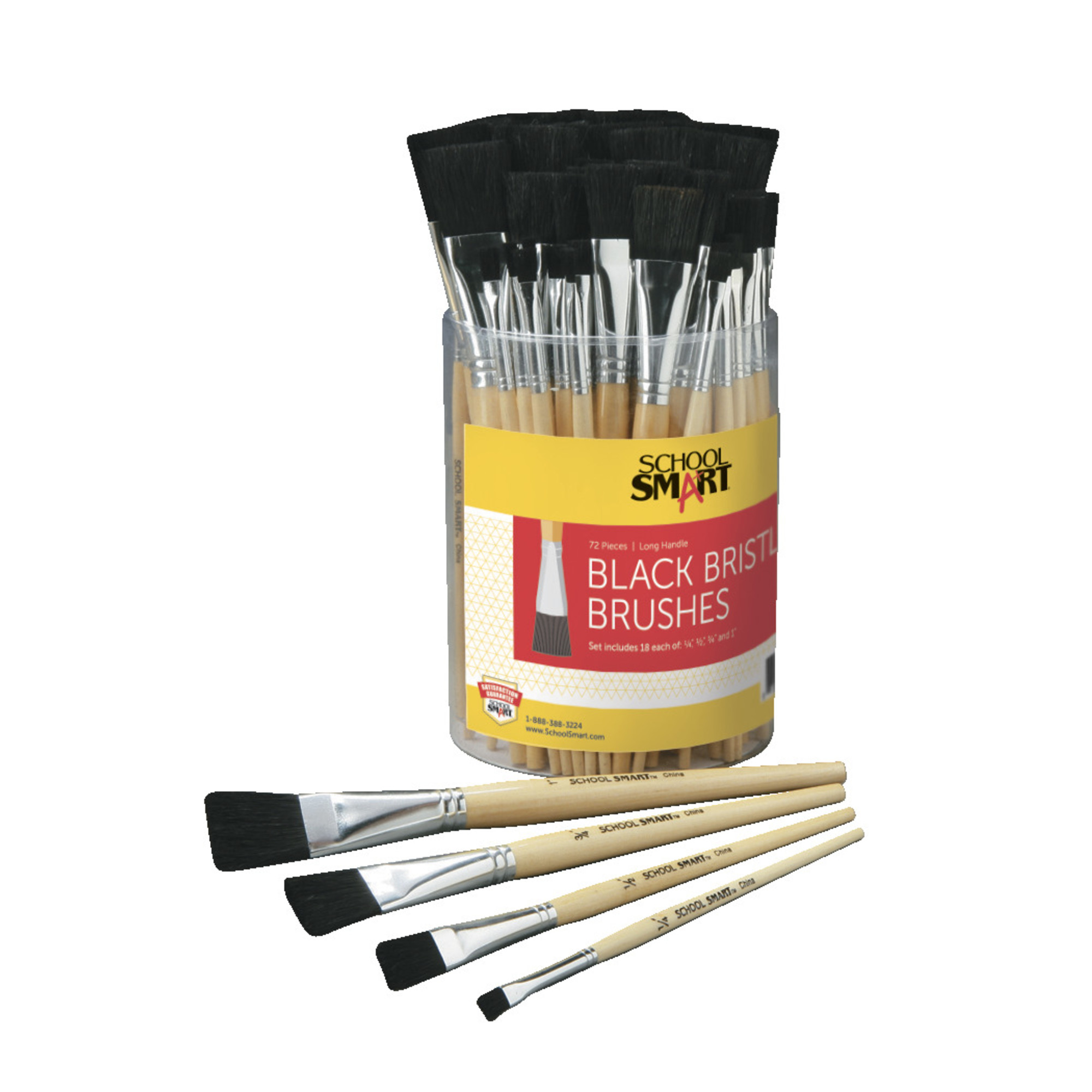 School Smart Black Bristle Paint Brushes, Long Handle, Assorted Sizes, Set of 72