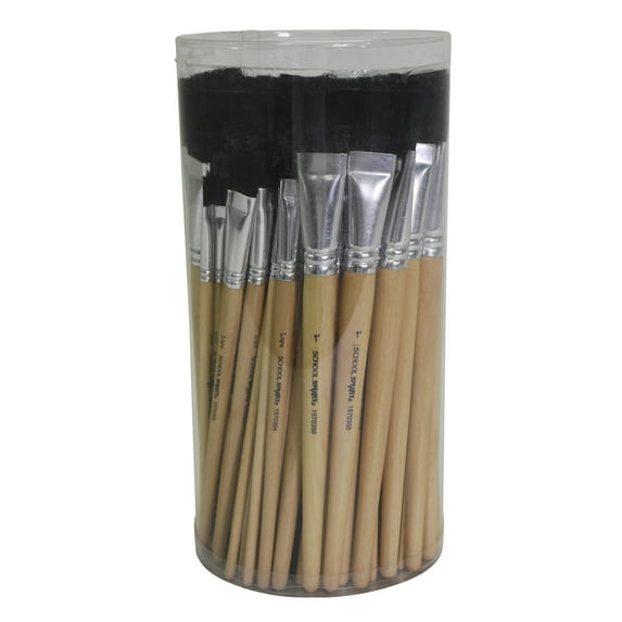 School Smart Interlocked Black Bristle Short Handle Paint Brush Set with Bucket, Assorted Size, Clear, Set of 72