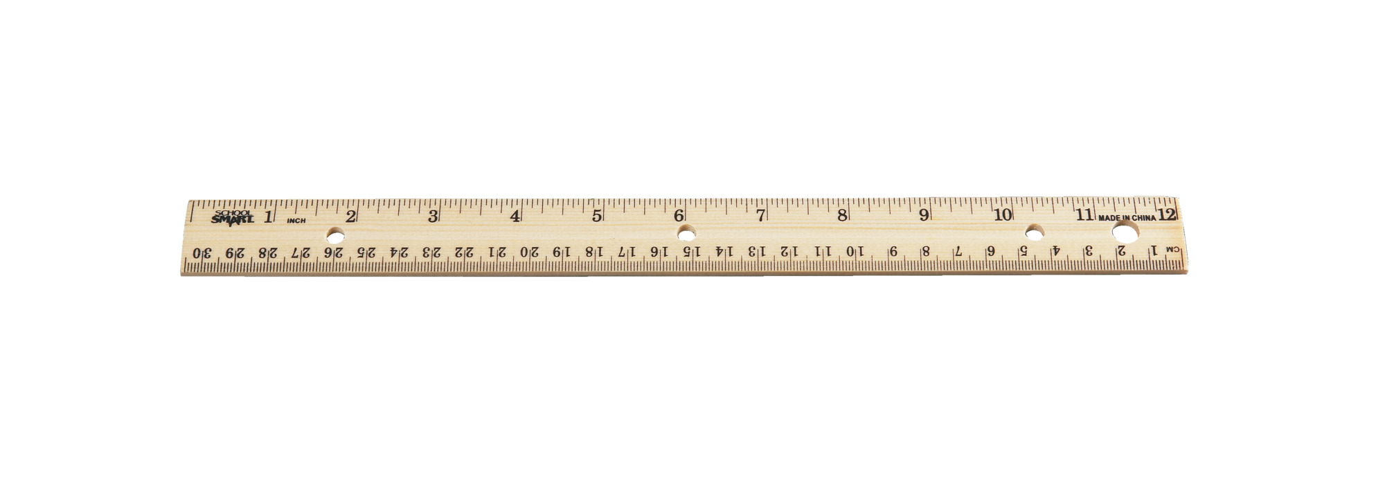 School Smart Double Beveled Edge Wood Ruler - inch and Metric with (3) Hole Punched for Binder, 12 in L
