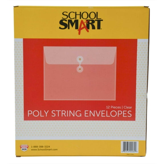 School Smart 082261 Polypropylene Reusable Side Loading String Envelope- 1.25 In. Expansion- Clear- Pack - 12