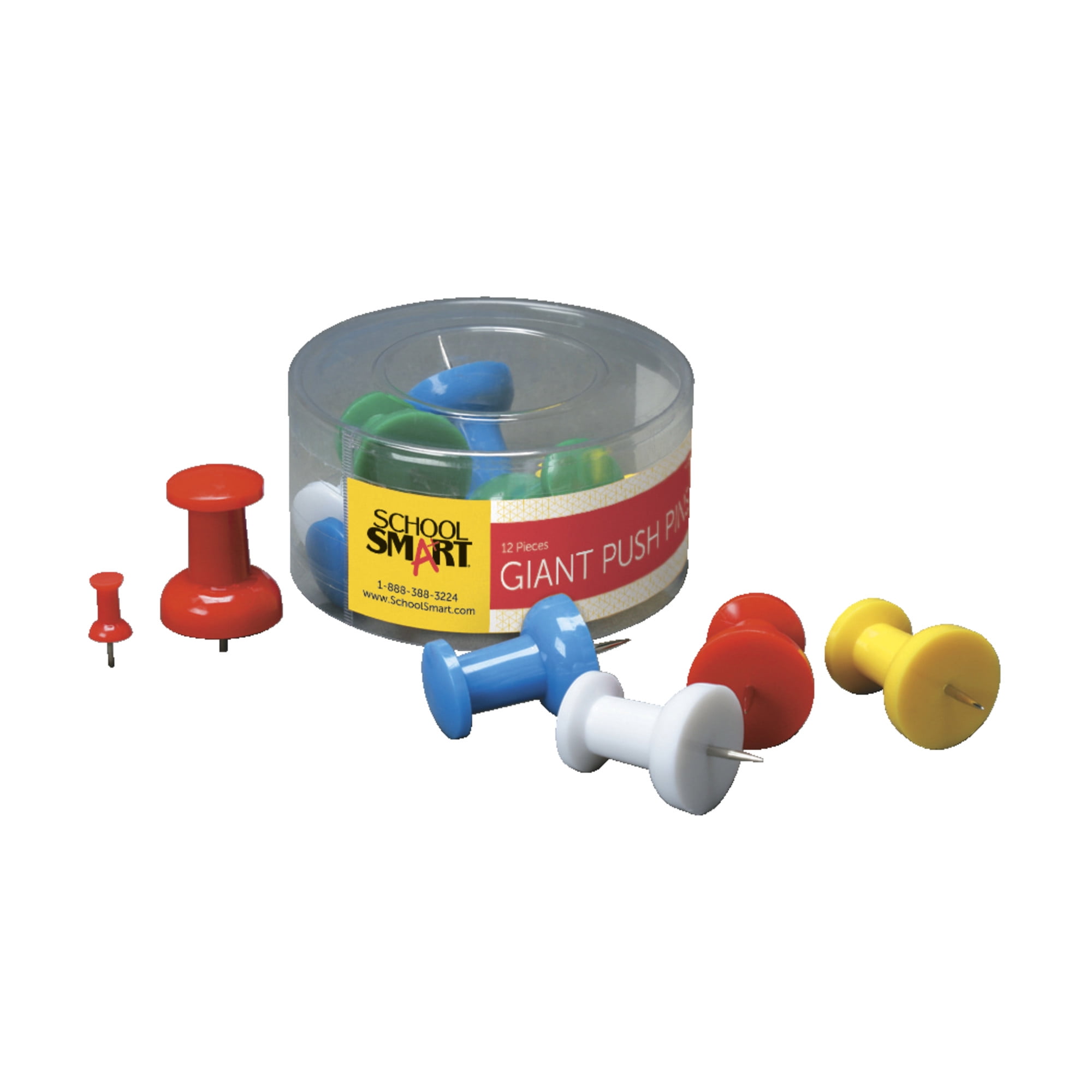 School Smart Giant Push Pin with Reclosable Tub, Assorted Color, Pack of 12