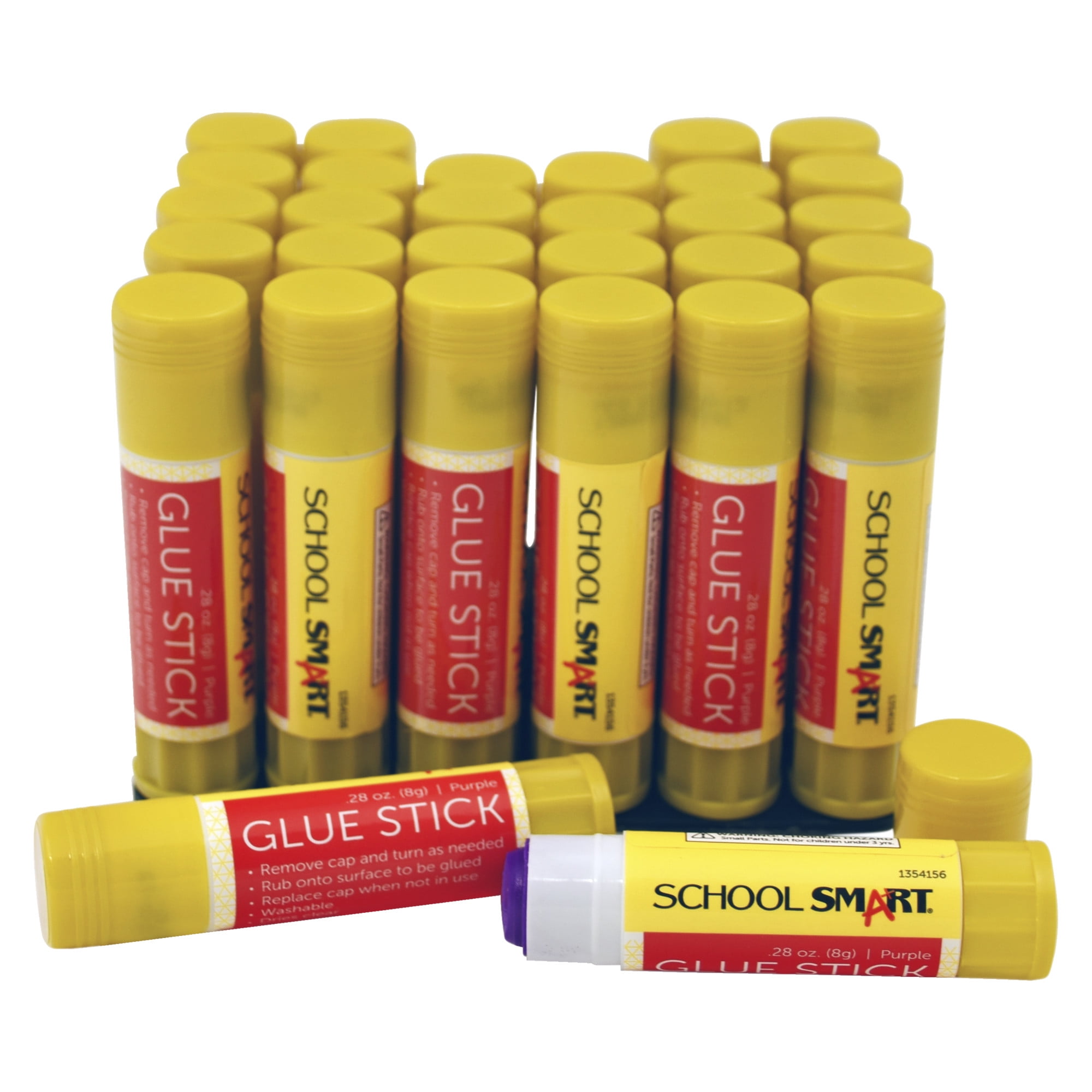 School Smart Glue Sticks, 0.28 Ounces, Purple and Dries Clear, Pack of 30