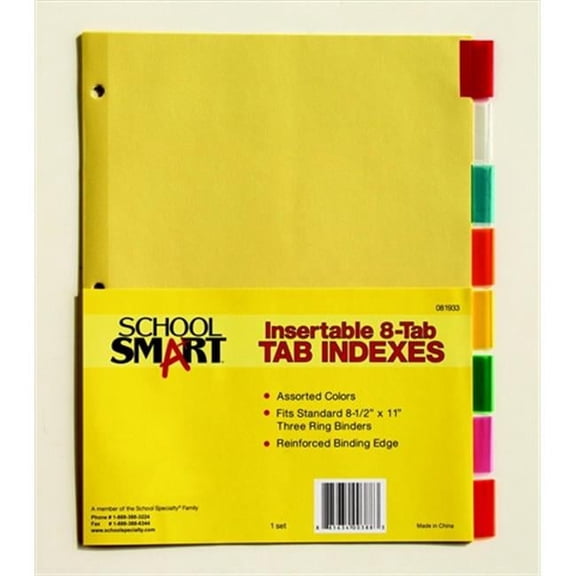 School Smart 081933 Paper Plastic Heavy Duty Insertable Reinforced Index Tab- 3-Hole Punch- Pack 8