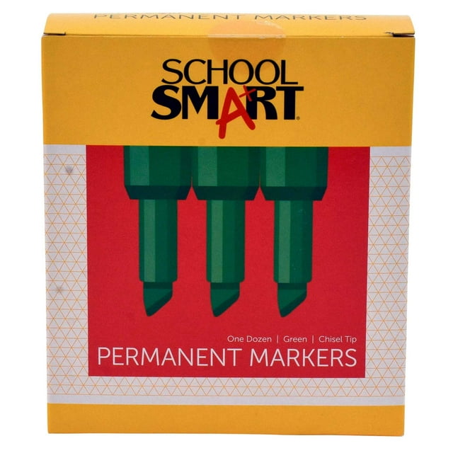 School Smart Non-Toxic Permanent Markers, Broad Chisel Tip, Green, Pack of 12