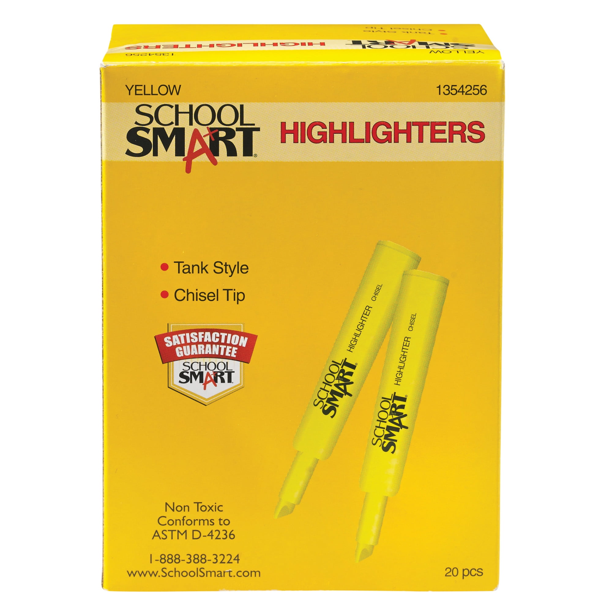 School Smart Tank Style Highlighters, Chisel Tip, Yellow, Pack of 20
