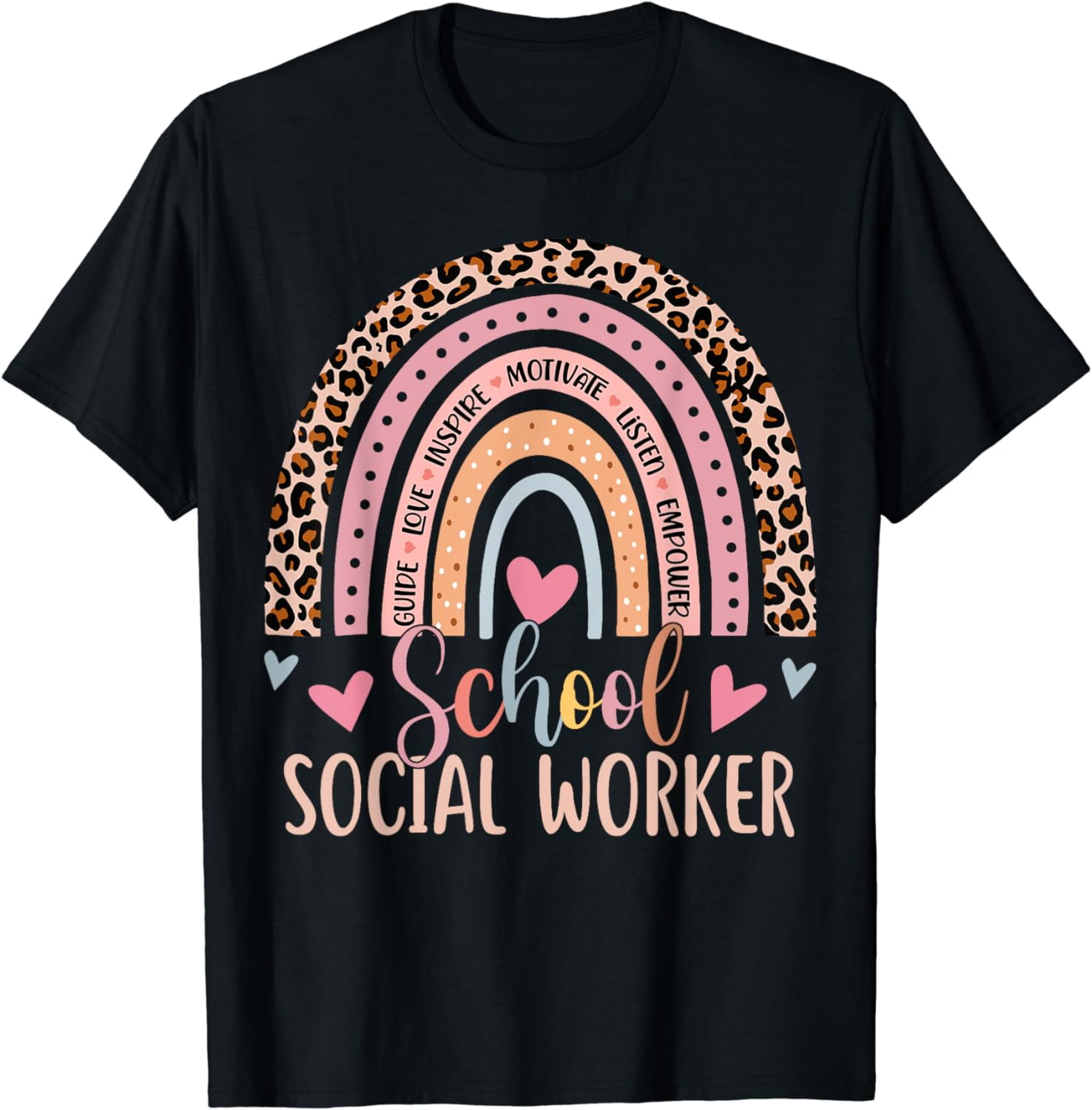 School Social Worker Rainbow Leopard Print Funny Social Work T-Shirt