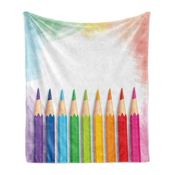 School Soft Flannel Fleece Blanket, Digital Drawing Illustration of Realistic Colorful Pencils on Pastel Tone Backdrop, Cozy Plush for Indoor and Outdoor Use, 50" x 70", Multicolor, by Ambesonne