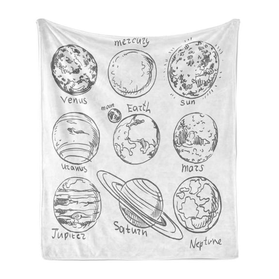 School Soft Flannel Fleece Blanket, Planets of Solar System Sun Mercury Earth Moon Mars Neptune Saturn Jupiter Science, Cozy Plush for Indoor and Outdoor Use, 60" x 80", Black White, by Ambesonne