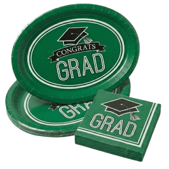 School Spirit Graduation Party Supply Kit  Green Oval Plate Platters & Lunch Napkins, Serves 16
