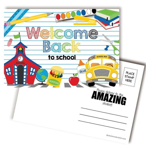 School Supplies Back to School Teacher Postcards for Kids, 30 Pack 4x6 Welcome Back Postcards, Mailable with Postcard Stamp, Made in USA, Amanda Creation