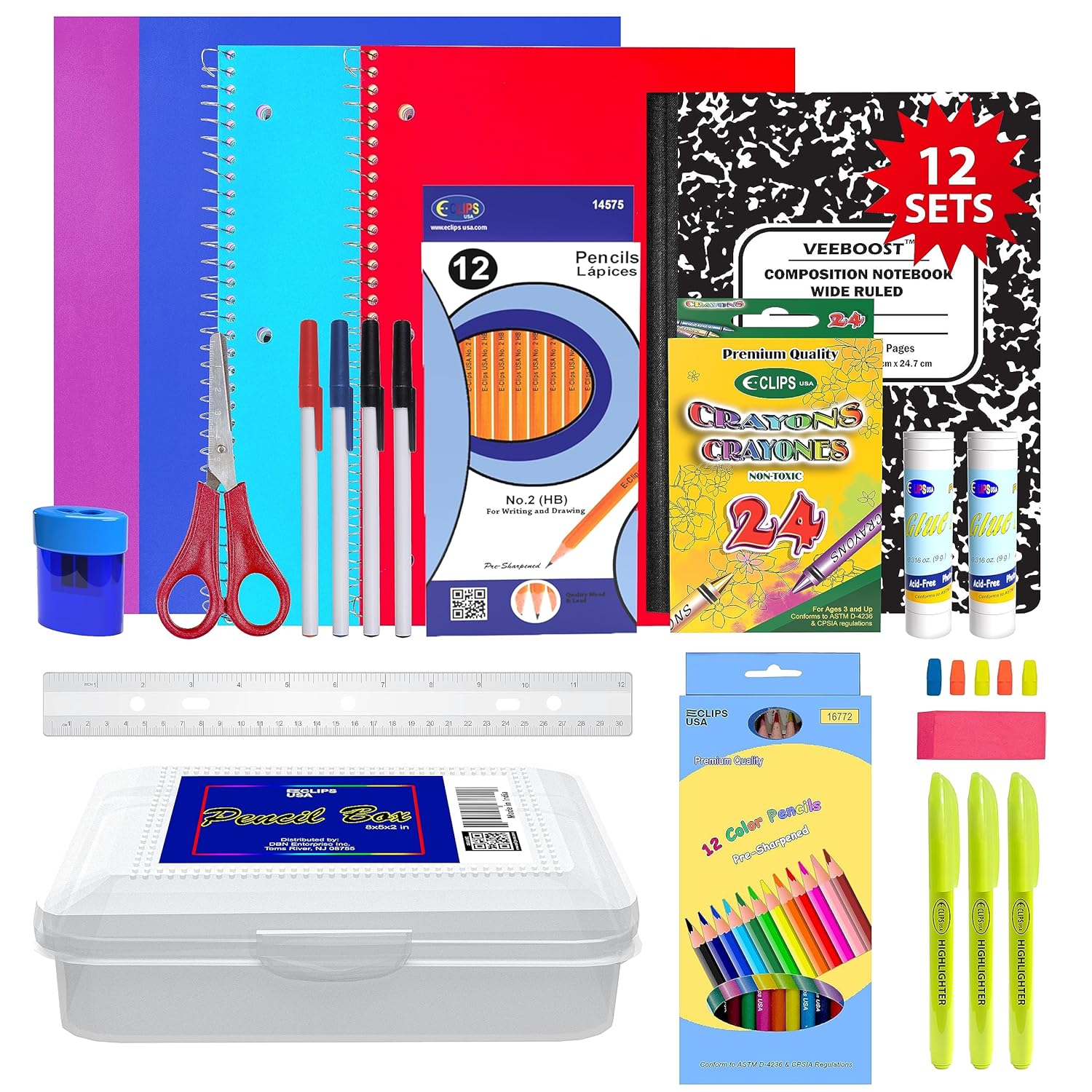 VEEBOST 32-Piece Complete Stationery Supplies Kit with Notebooks, Pencils, Crayons, and More, 12 Pack