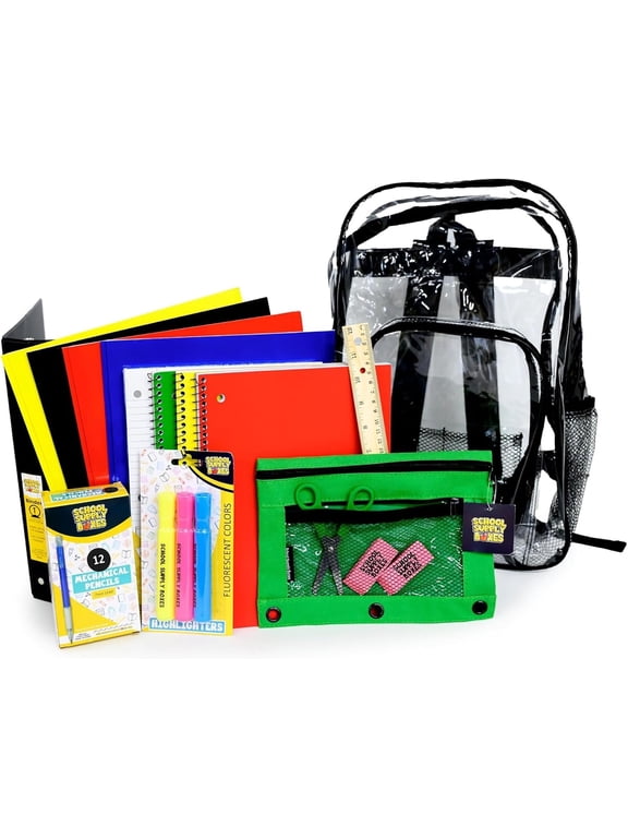 | 17" Clear Backpack Bundle for High School | Back to School Bookbag with Supplies | Pencil Pouch, Notebooks, Filler Paper, Folders, Mechanical Pencils & More