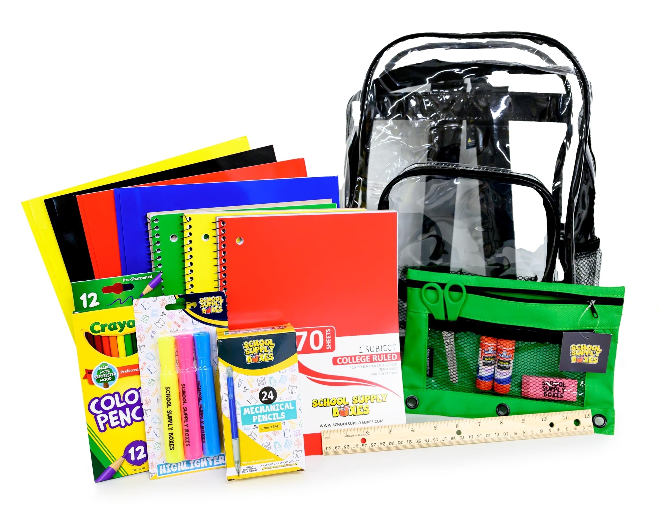 School Supply Boxes | 17" Clear Backpack Bundle for Middle School | Back to School Bookbag with Supplies | Contains Pencil Pouch, Notebooks, Filler Paper, Mechanical Pencils, Folders, and More