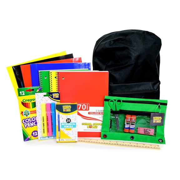 School Supply Boxes | 17" Solid Black Backpack Bundle for Middle School | Back to School Bookbag with Supplies | Contains Pencil Pouch, Notebooks, Filler Paper, Mechanical Pencils, Folders, and More