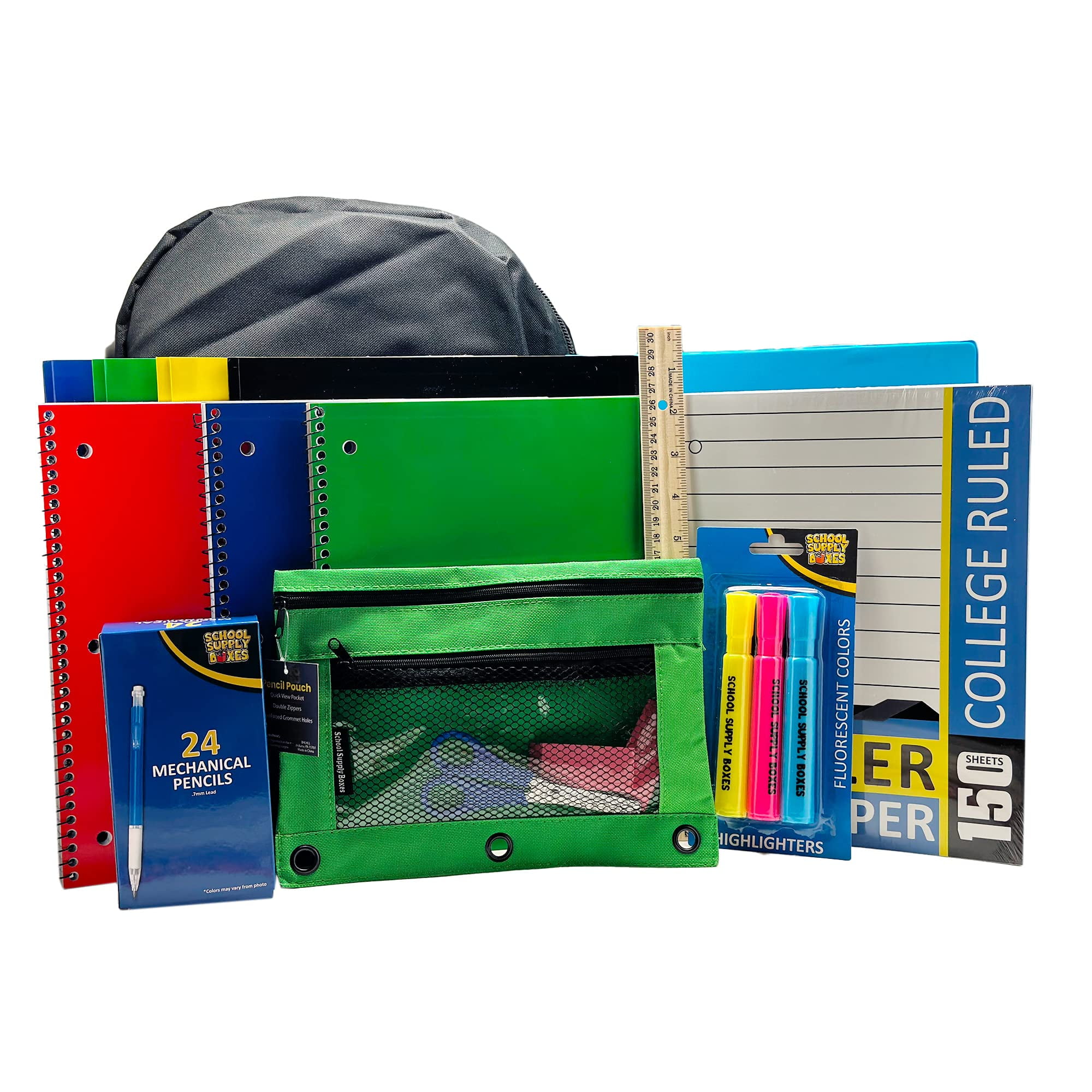 School Supply Boxes 17" Solid Black Backpack Bundle for High School
