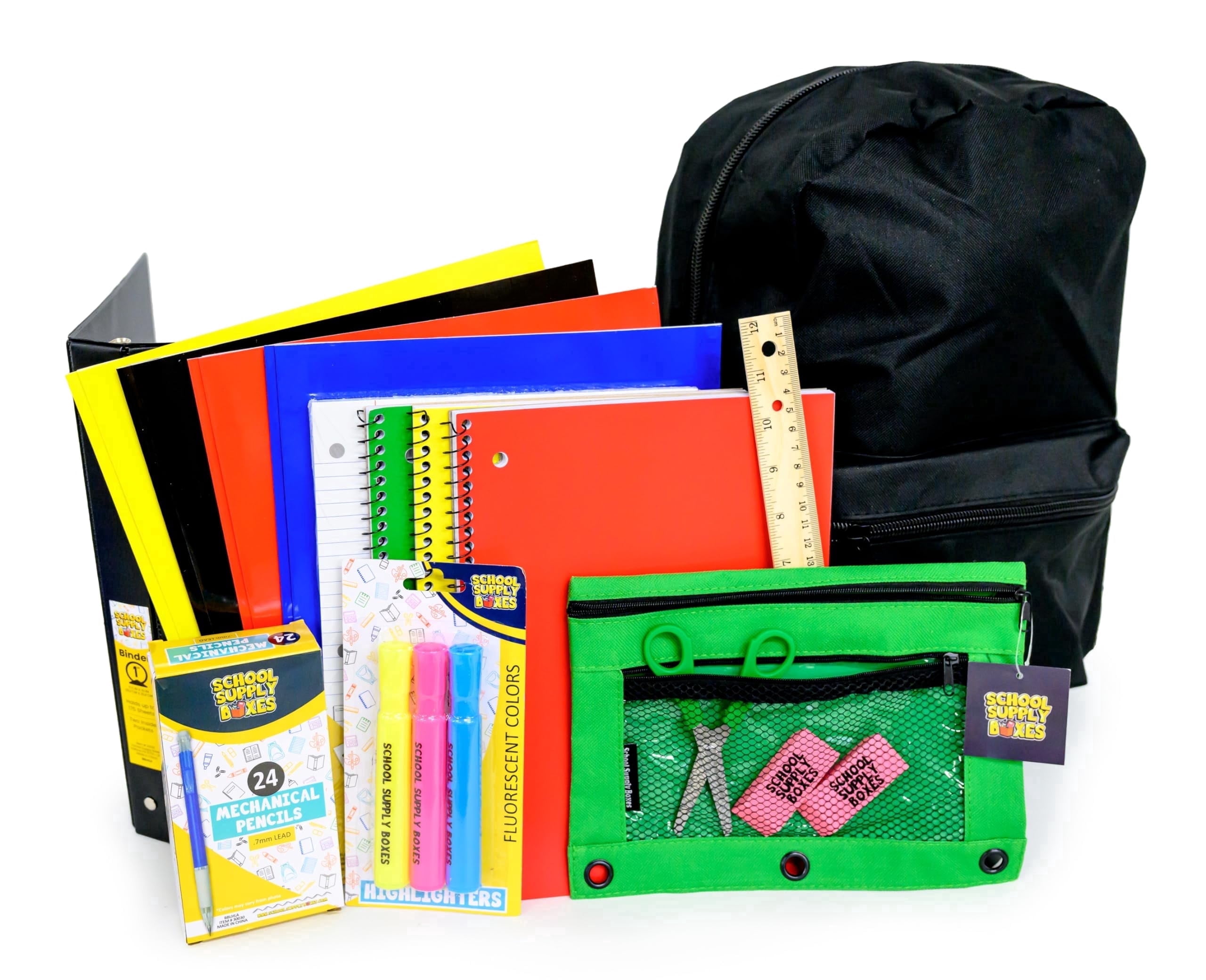 School Supply Boxes | 17" Solid Black Backpack Bundle for High School