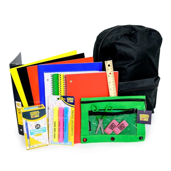 School Supply Boxes | 17" Solid Black Backpack Bundle for High School