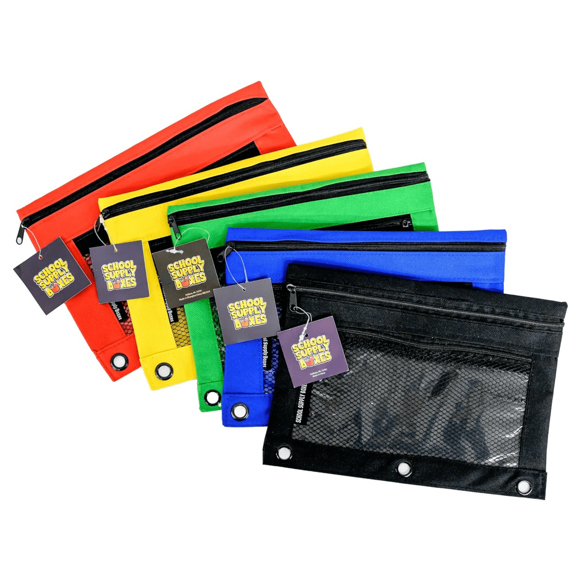 School Supply Boxes | 3 Ring Pencil Bag / Binder Pouch  | 96 Pack | Various Colors (Red, Blue, Green Yellow, or Black)