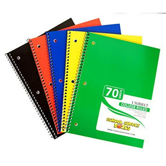 School Supply Boxes College Ruled Spiral Notebooks, Red, Blue, Black, Yellow, and Green, 70 Pages, 5 pack