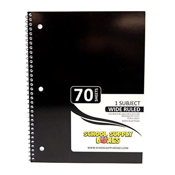 School Supply Boxes | (Black) Wide-Ruled 1 Subject Notebooks | 3 Pack | 10.5 IN x 8 IN (70 Sheets) Notebooks for School, Work & Office