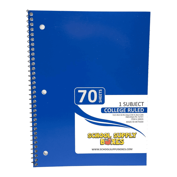 School Supply Boxes | (Blue) College-Ruled 1 Subject Notebooks | 3 Pack | 10.5 IN x 8 IN (70 Sheets) Notebooks for School, Work & Office