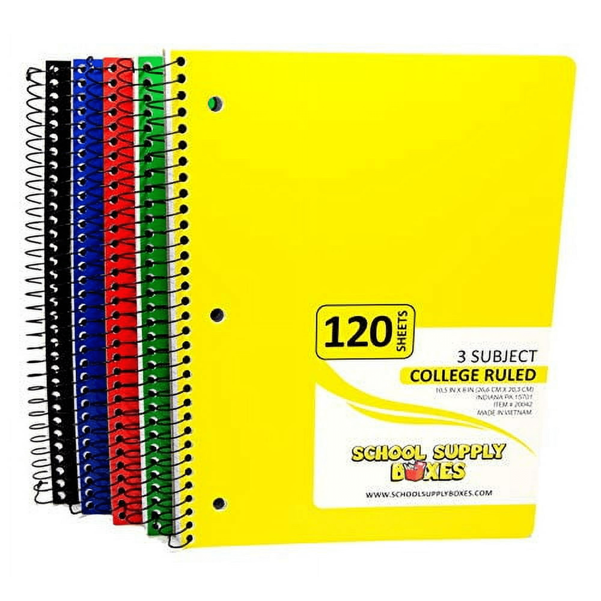 School Supply Boxes | (Color Varies - Blue, Black, Yellow, Red, or Green) College-Ruled 3 Subject Notebooks | 24 Pack | 10.5 IN x 8 IN (120 Sheets) Notebooks for School, Work & Office
