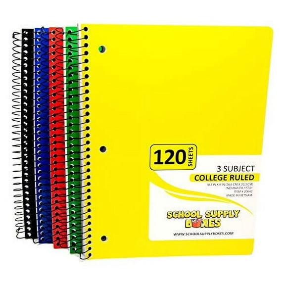 School Supply Boxes | (Color Varies - Blue, Black, Yellow, Red, or Green ) College-Ruled 3 Subject Notebooks | 24 Pack | 10.5 IN x 8 IN (120 Sheets) Notebooks for School, Work & Office