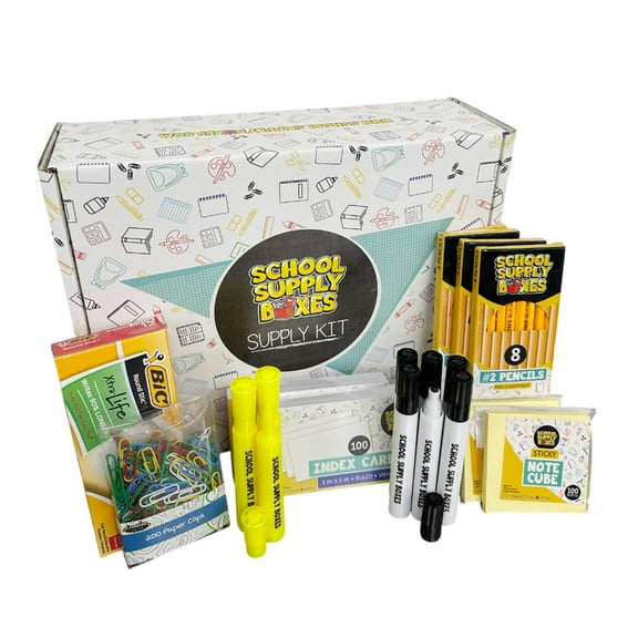 School Supply Boxes | Teacher Bundle (1 Box) | Back to School Essentials Kit for Teachers | Includes Pencils, Red Pens, Sticky Notes, Index Cards, Dry Erase Markers, Highlighters, & More
